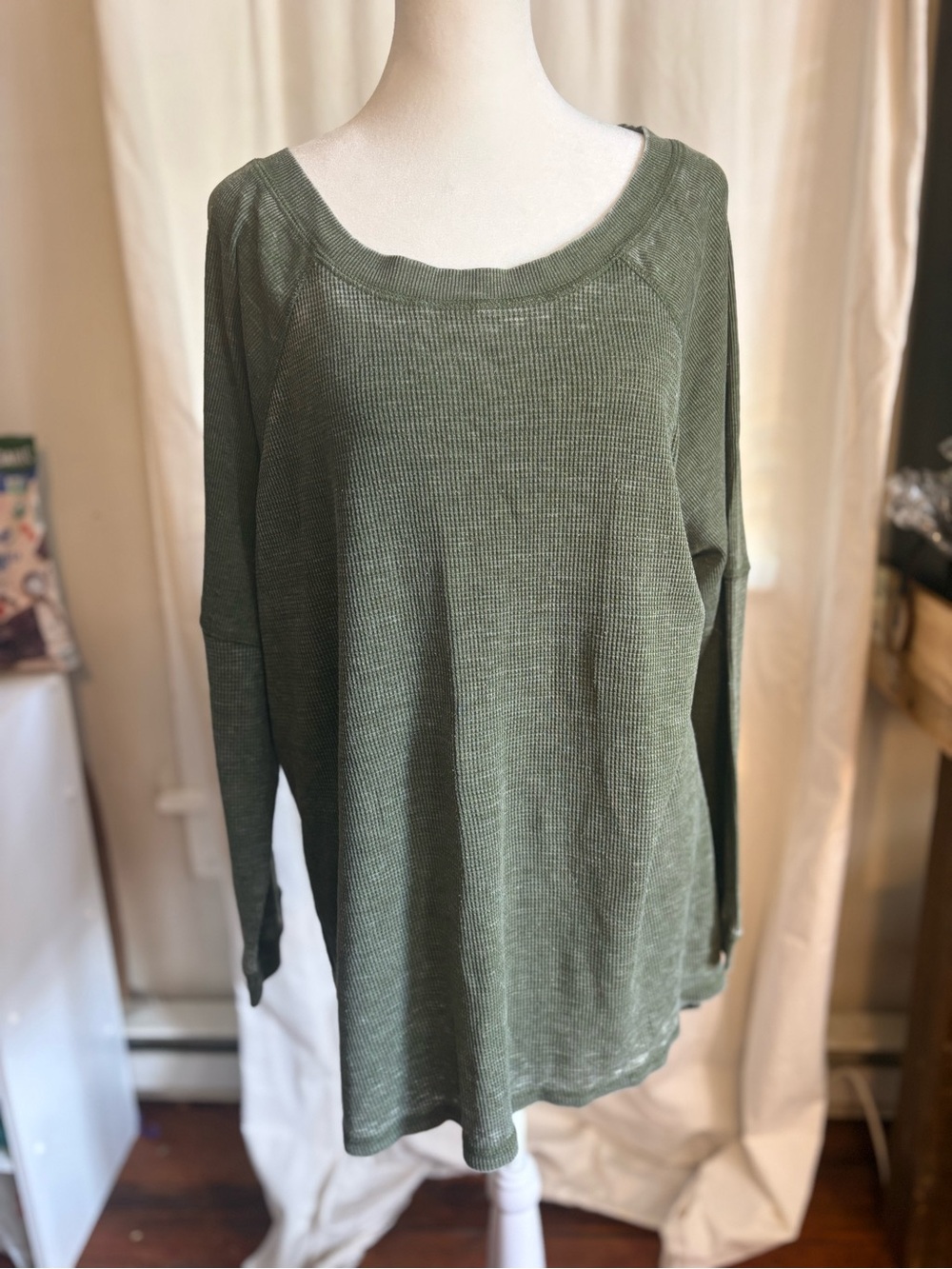 Woman Within Olive Scoop-Neck Long Sleeve Waffle Top